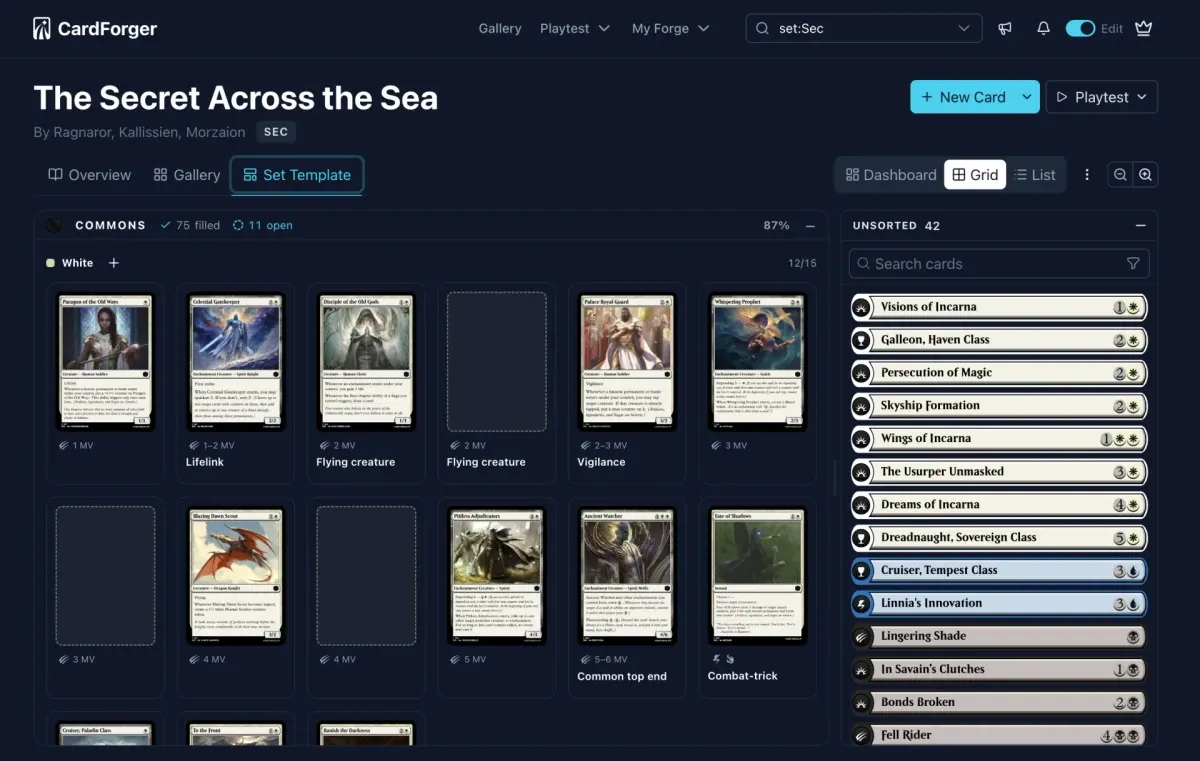 A custom MTG set overview in SetForger showing the card grid, rarities and set symbol